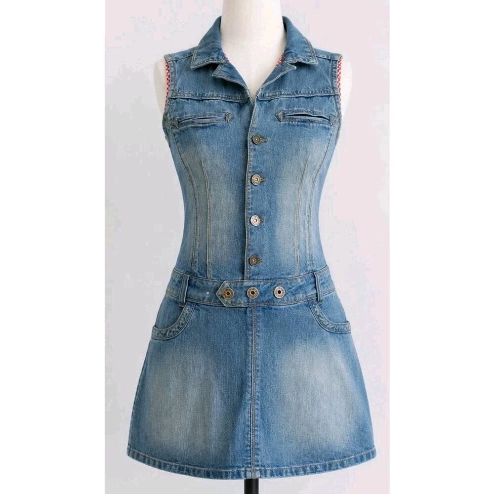 Bang Bang Denim Dress 90 S Blue Jean Sleeveless Jumper Y2K Gingham Western